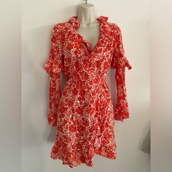 Topshop Wrap Dress Ruffle Floral Red White 6 - Picture 1 of 11